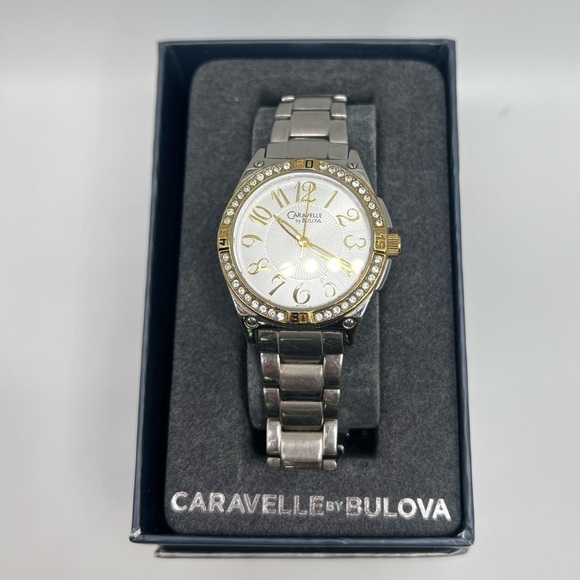 CARAVELLE BY BULOVA 45L132 WOMEN'S ROUND ANALOG CRYSTAL GOLD & SILVER TONE WATCH - Picture 1 of 7